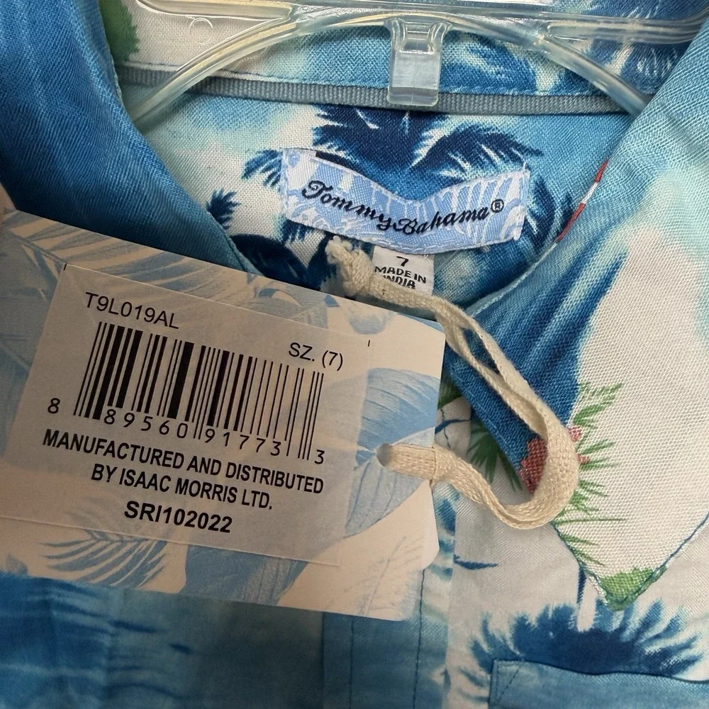 NWT Tommy Bahama shirt Boys Sz 7 Blue Button Up Tropical Floral short Sleeve